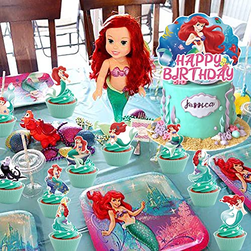 25Pcs Little Mermaid Ariel Party Cake Decorations, Cute Little Mermaid Ariel Birthday Cupcake Toppers Cartoon Mermaid Ariel Themed Party Favors for Boys and Girls Birthday Party Decorations