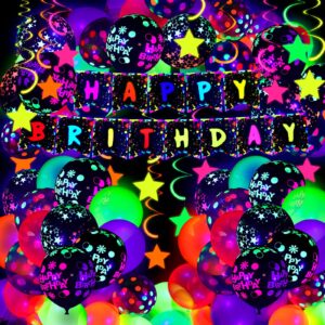 jetec 71 pcs neon birthday party supplies include clear glow in the dark balloons, uv neon balloons, neon star hanging swirls, happy birthday banner for glow birthday party uv neon party
