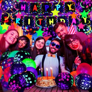 Jetec 71 Pcs Neon Birthday Party Supplies Include Clear Glow in the Dark Balloons, UV Neon Balloons, Neon Star Hanging Swirls, Happy Birthday Banner for Glow Birthday Party UV Neon Party