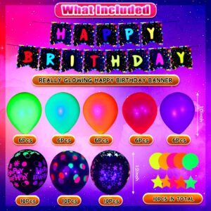 Jetec 71 Pcs Neon Birthday Party Supplies Include Clear Glow in the Dark Balloons, UV Neon Balloons, Neon Star Hanging Swirls, Happy Birthday Banner for Glow Birthday Party UV Neon Party
