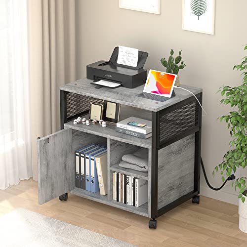 Unikito Rolling File Cabinet Lateral Office Filing Cabinets with Socket and USB Charging Port, Modern Printer Stand on Wheels Printer Cabinet with Door and Open Storage, Lockable, Black Oak