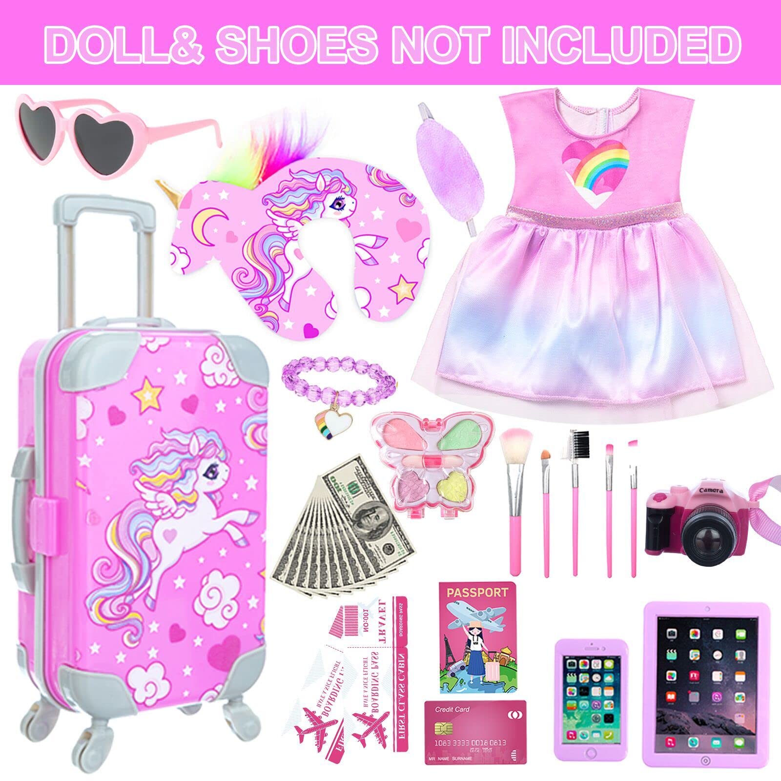 DOTVOSY 29 Pcs American 18 Inch Doll Clothes and Accessories Travel Suitcase Set Designed for 18" Dolls Including Pillow, Sunglasses, Camera, Passport, Phone, Laptop etc