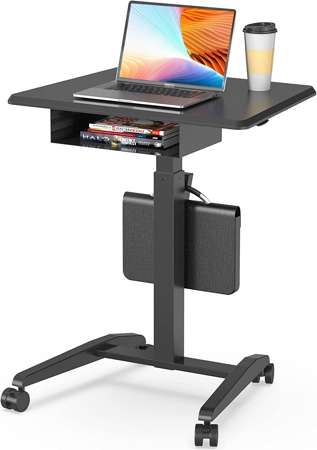 JOY worker Height Adjustable Rolling Laptop Desk with Shelf,Mobile Standing Desk,Pneumatic Mobile Laptop Table with Wheels for Couch Home Office School,Holds Up to 22lbs,Black