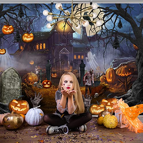 Halloween Backdrop, Halloween Ghost Castle Pumpkin Photo Backdrops for Photography 7x5ft, Halloween Night Castle Back Drops Background for Pictures Halloween Party Decorations Banner Booth Props