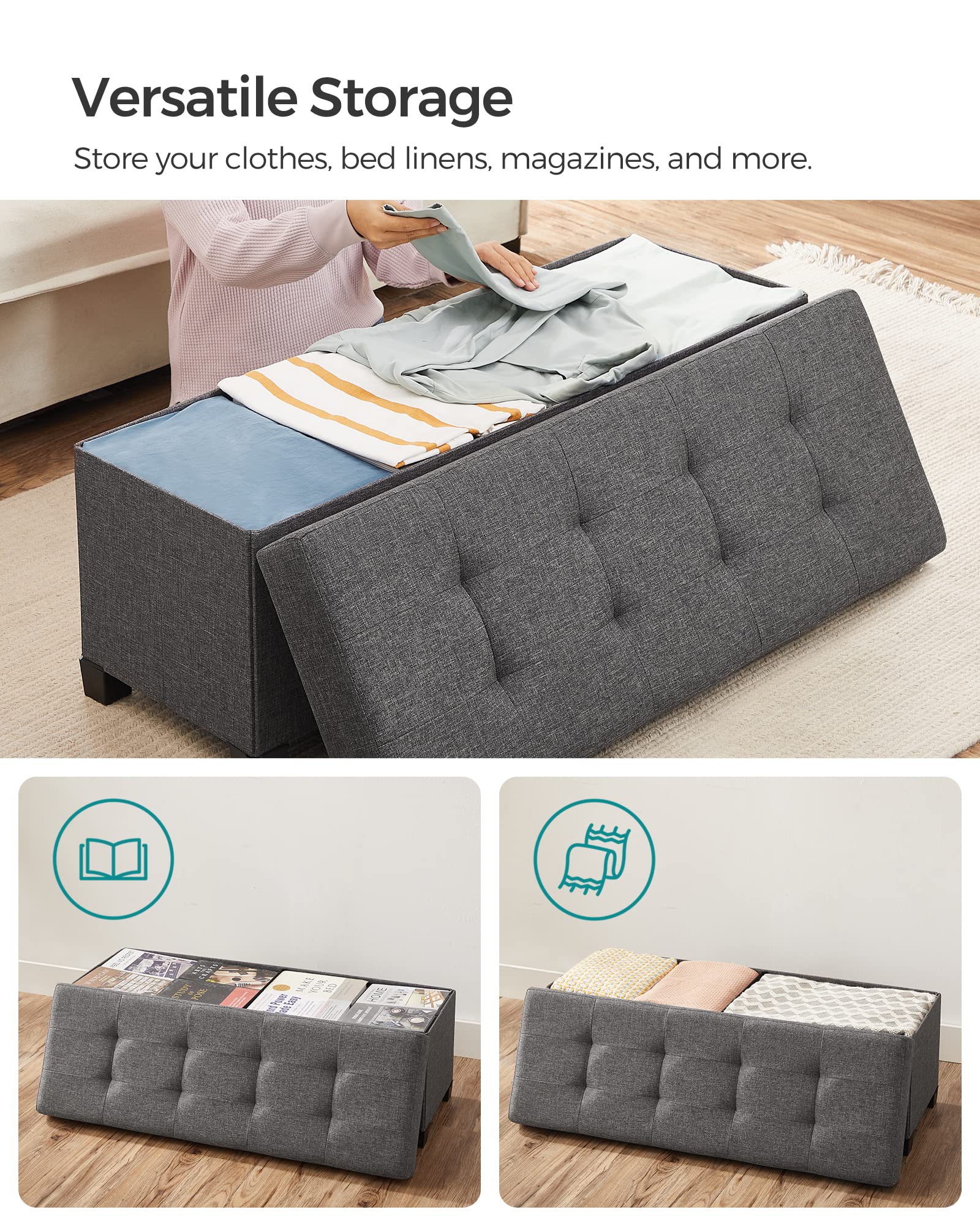 SONGMICS Storage Ottoman, Folding Storage Bench, Ottoman with Storage, Storage Ottoman Bench, for Living Room, Bedroom, 15 x 43.3 x 15.7 Inches, Dark Gray ULSF018G01