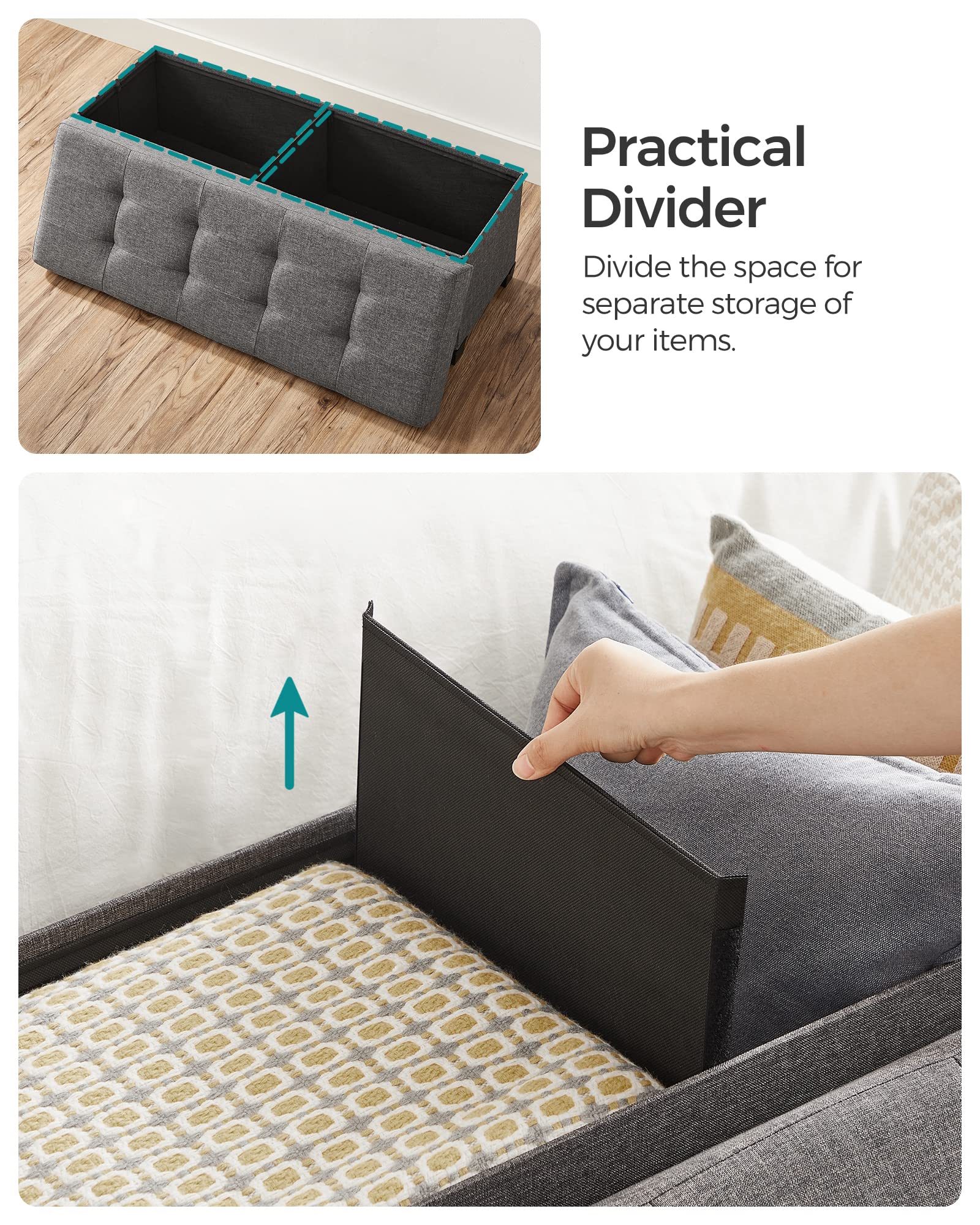 SONGMICS Storage Ottoman, Folding Storage Bench, Ottoman with Storage, Storage Ottoman Bench, for Living Room, Bedroom, 15 x 43.3 x 15.7 Inches, Dark Gray ULSF018G01