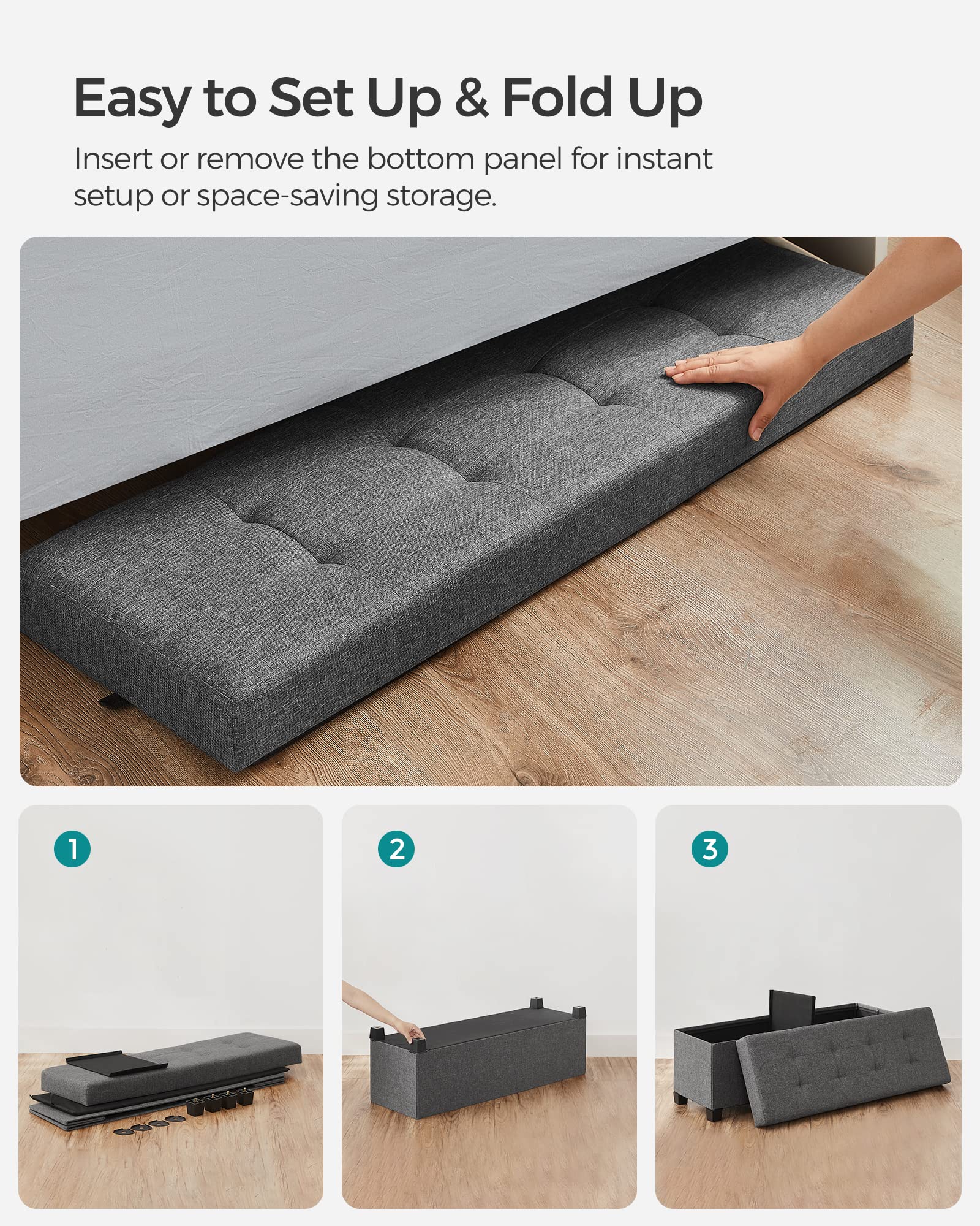 SONGMICS Storage Ottoman, Folding Storage Bench, Ottoman with Storage, Storage Ottoman Bench, for Living Room, Bedroom, 15 x 43.3 x 15.7 Inches, Dark Gray ULSF018G01