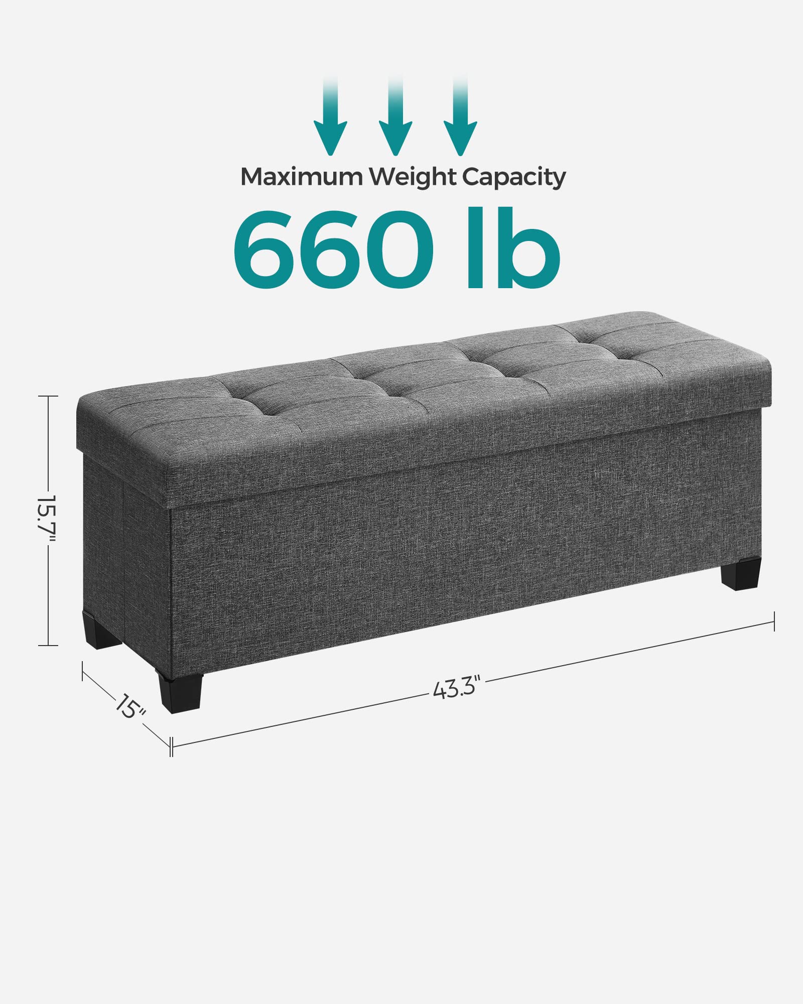 SONGMICS Storage Ottoman, Folding Storage Bench, Ottoman with Storage, Storage Ottoman Bench, for Living Room, Bedroom, 15 x 43.3 x 15.7 Inches, Dark Gray ULSF018G01