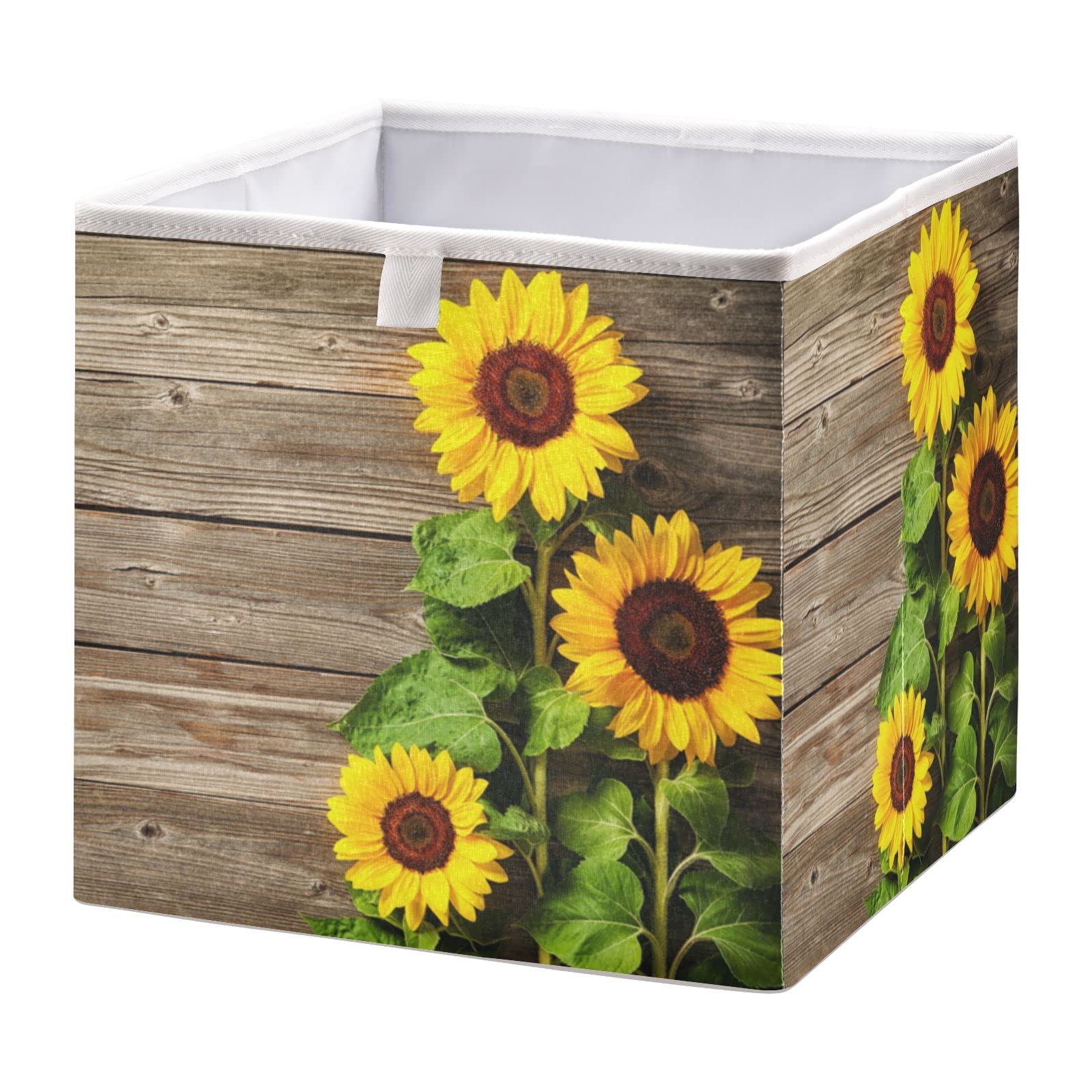 Wood Sunflower 11x11 Storage Cubes Fabric Storage Cubes Storage Bins with Handles Storage Boxes for Organizing Home, Office, Nursery, Shelf, Closet, Pack of 1