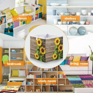 Wood Sunflower 11x11 Storage Cubes Fabric Storage Cubes Storage Bins with Handles Storage Boxes for Organizing Home, Office, Nursery, Shelf, Closet, Pack of 1