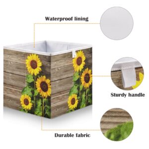 Wood Sunflower 11x11 Storage Cubes Fabric Storage Cubes Storage Bins with Handles Storage Boxes for Organizing Home, Office, Nursery, Shelf, Closet, Pack of 1