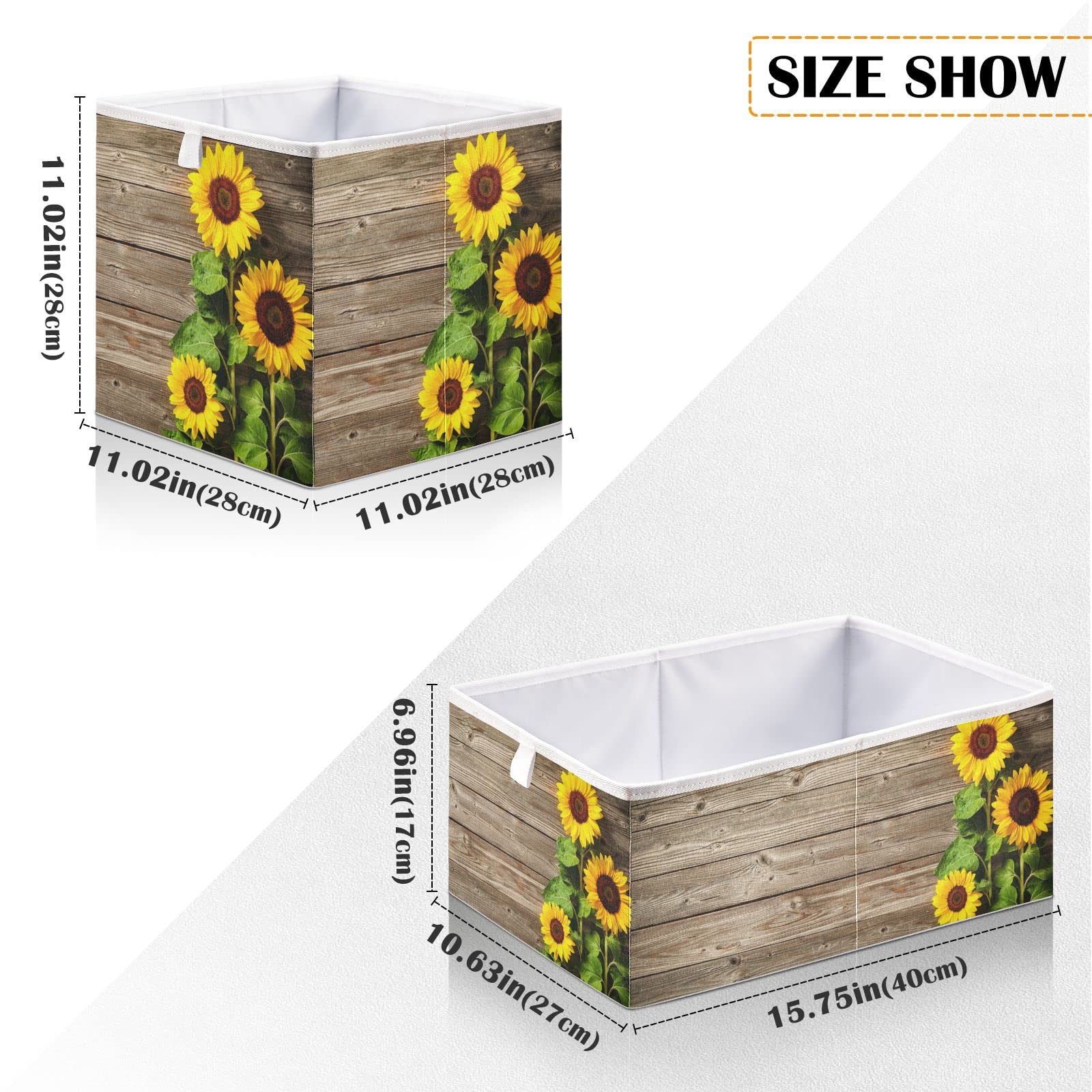 Wood Sunflower 11x11 Storage Cubes Fabric Storage Cubes Storage Bins with Handles Storage Boxes for Organizing Home, Office, Nursery, Shelf, Closet, Pack of 1