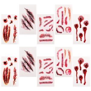 sibba fake blood temporary tattoo body art skin stickers 10 pieces horror realistic bloody wound scar scab bruise easter halloween cosplay party makeup kit