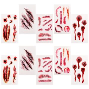 Sibba Fake Blood Temporary Tattoo Body Art Skin Stickers 10 Pieces Horror Realistic Bloody Wound Scar Scab Bruise Easter Halloween Cosplay Party Makeup Kit