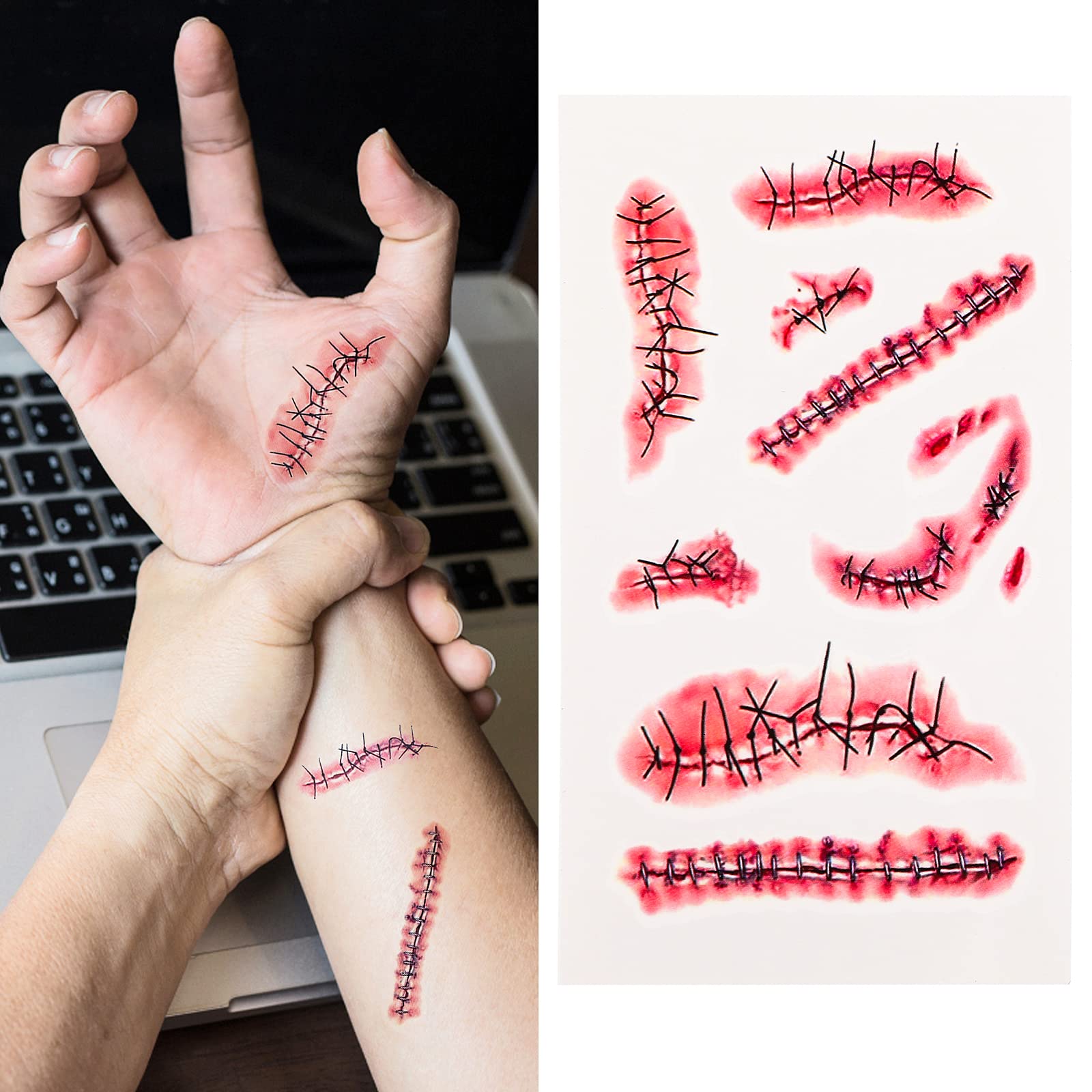 Sibba Fake Blood Temporary Tattoo Body Art Skin Stickers 10 Pieces Horror Realistic Bloody Wound Scar Scab Bruise Easter Halloween Cosplay Party Makeup Kit