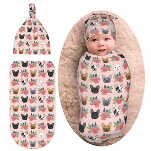 French Bulldog Dog Baby Stuff Swaddle Blanket Flower Newborn Baby Swaddles Wrap Soft Transition Sleep Sacks Stretchy with Hat Gifts for Boy Girl Infant