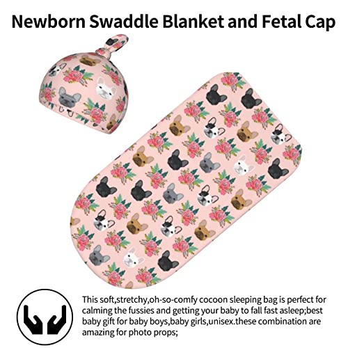 French Bulldog Dog Baby Stuff Swaddle Blanket Flower Newborn Baby Swaddles Wrap Soft Transition Sleep Sacks Stretchy with Hat Gifts for Boy Girl Infant