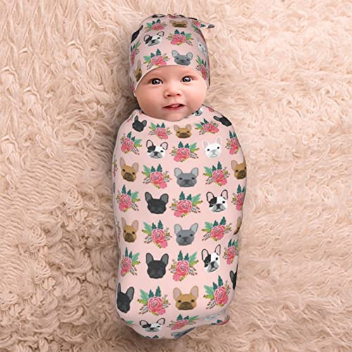 French Bulldog Dog Baby Stuff Swaddle Blanket Flower Newborn Baby Swaddles Wrap Soft Transition Sleep Sacks Stretchy with Hat Gifts for Boy Girl Infant