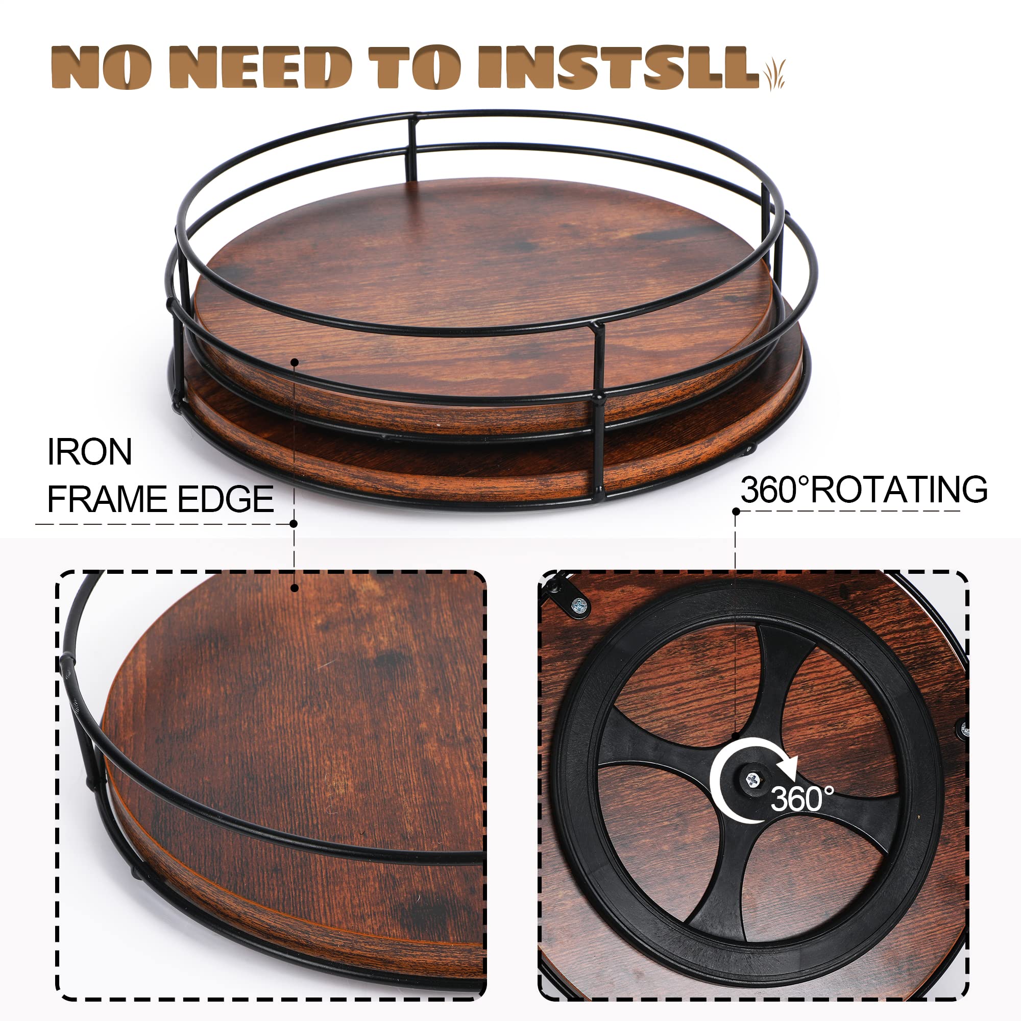 [ 2 Pack ] 9" & 10" Wood Lazy Susan Organizers with Steel Sides, Lazy Susan Turntable for Cabinet, Kitchen Turntable Storage for Table, Countertop, Pantry