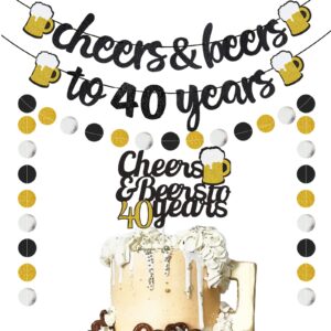 40th birthday decorations, 40 years anniversary decorations for men women, cheers to 40 years banner with 40 years old cake topper, black gold glittery circle dots garland for 40 birthday wedding