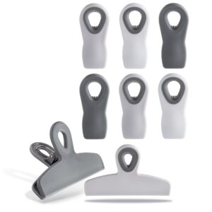 cook with color set of eight bag clips, 2 large heavy duty chip clip and 6 refrigerator magnet clips for food storage with air tight seal grip for snack bags and food bags (grey ombre)