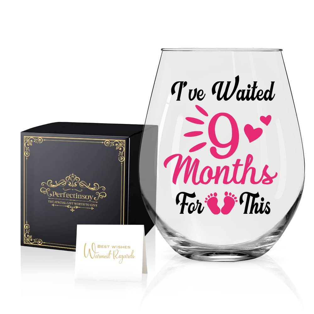 Perfectinsoy I've Waited 9 Months For This Wine Glass with Gift Box, Funny New Mom Stemless Wine Glass, Mother's Day Gift for Mom, Birthday Gifts for New Mom, Post Pregnancy Gifts for New Mom (girl