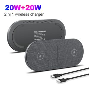 Dual 20W Wireless Charging Pad, 2 in 1 Fast Wireless Charge Mat with Adapter Compatible with iPhone 15 14 13 12 11 Pro max XS XR 8plus, Samsung Galaxy S23 S22 Note20, Air pods Pro/Galaxy Bus (Gary)