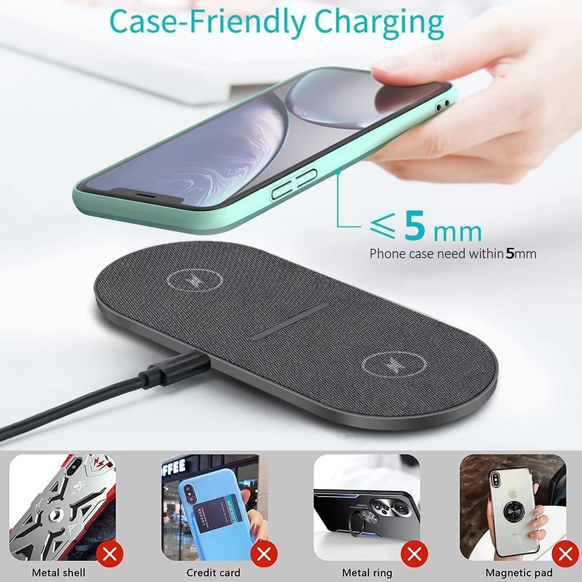 Dual 20W Wireless Charging Pad, 2 in 1 Fast Wireless Charge Mat with Adapter Compatible with iPhone 15 14 13 12 11 Pro max XS XR 8plus, Samsung Galaxy S23 S22 Note20, Air pods Pro/Galaxy Bus (Gary)