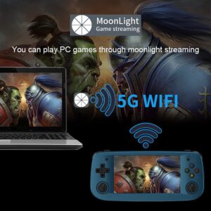 RG503 Handheld Video Game Console, 4.95 Inches OLED Screen Tablet, PC Games Streaming, Support 5G WiFi BT 4.2 CPU Rockchip RK3566 64BIT Built-in 16GB+64GB SD Card Linux System 3500mAh Battery (Blue)