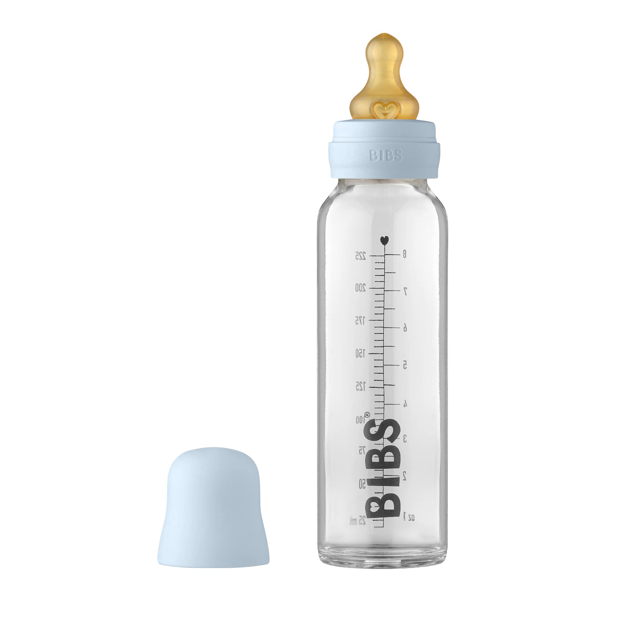 BIBS Baby Glass Bottle. Anti-Colic. Round Natural Rubber Latex Nipple. Supports Natural Breastfeeding, Complete Set - 225 ml, Baby Blue