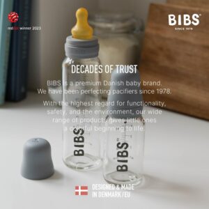 BIBS Baby Glass Bottle. Anti-Colic. Round Natural Rubber Latex Nipple. Supports Natural Breastfeeding, Complete Set - 225 ml, Baby Blue