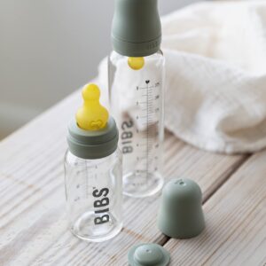 BIBS Baby Glass Bottle. Anti-Colic. Round Natural Rubber Latex Nipple. Supports Natural Breastfeeding, Complete Set - 225 ml, Baby Blue