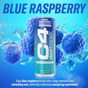 C4 Smart Energy Drink – Boost Focus and Energy with Zero Sugar, Natural Energy, and Nootropics - 200mg Caffeine - Blue Raspberry (12oz Pack of 12)