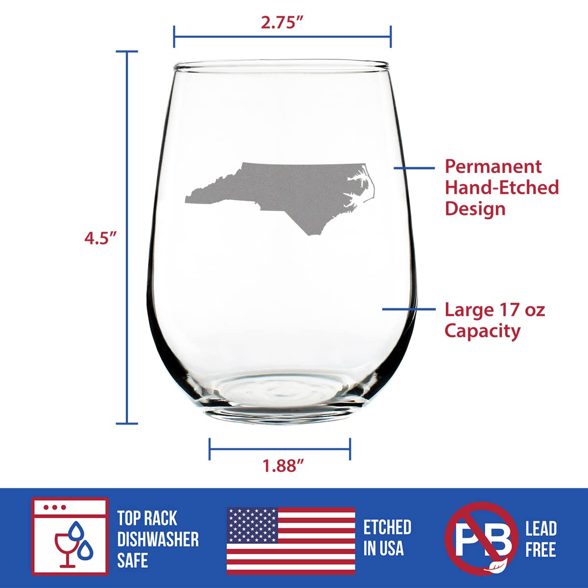 North Carolina State Outline Stemless Wine Glass - State Themed Drinking Decor and Gifts for North Carolinian Women & Men - Large 17 Oz Glasses