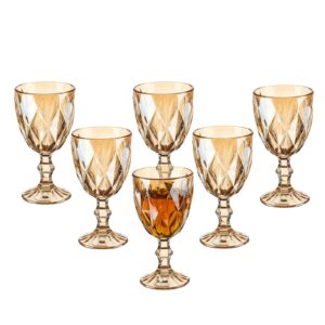vintage wine glasses set of 6, 10 ounce colored glass water goblets, unique embossed pattern high clear stemmed glassware wedding party bar drinking cups gift choice golden amber