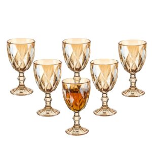 Vintage Wine Glasses Set of 6, 10 Ounce Colored Glass Water Goblets, Unique Embossed Pattern High Clear Stemmed Glassware Wedding Party Bar Drinking Cups Gift Choice Golden Amber