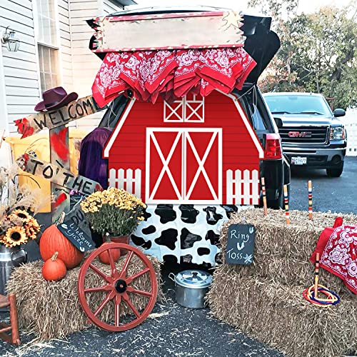 Haooryx Farm Theme Trunk Or Treat Decorations Banner for Cars, Red Farmhouse Car Trunk Decoration Backdrop Banner Waterproof Archway Garage Door Car Decor for Cars, SUVs, Halloween Outdoor Supplies