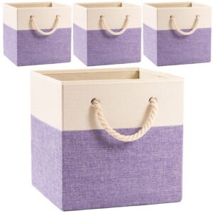 prandom large foldable cube storage bins 13x13 inch [4-pack] fabric linen storage baskets cubes drawer with cotton handles organizer for shelves nursery closet bedroom purple