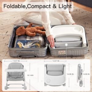 Toddler Booster Seat for Dining Table, Portable High Chair Travel Booster Seat with Aluminum Frame, Soft PU Cushion and Adjustable Height&Tray, Easy to Clean(Grey)