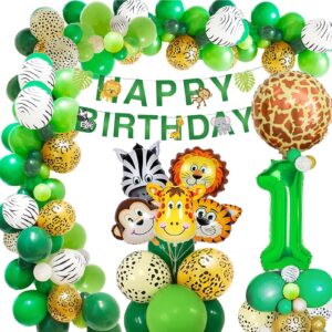 toddler jungle theme balloon arch kit for 1 year old baby boy girl, green happy birthday banner balloons garland, safari shower party supplies decorations - 64pcs