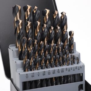 yougfin carbide drill bits - 29 pieces high speed steel drill bit set twist jobber length for hardened metal, stainless steel, cast iron and wood plastic with indexed storage case, 1/16 inch-1/2 inch