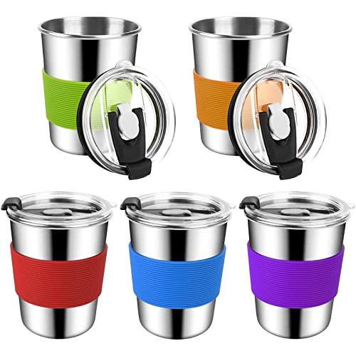 ShineMe 8oz Kids Cups Spill Proof, 5pack Stainless Steel Sippy Cups with Lids and Silicone Sleeves, Reusable Toddler Cups for Hot and Cold Drinks, BPA Free Snack Cups Apply for Indoor/Outdoor