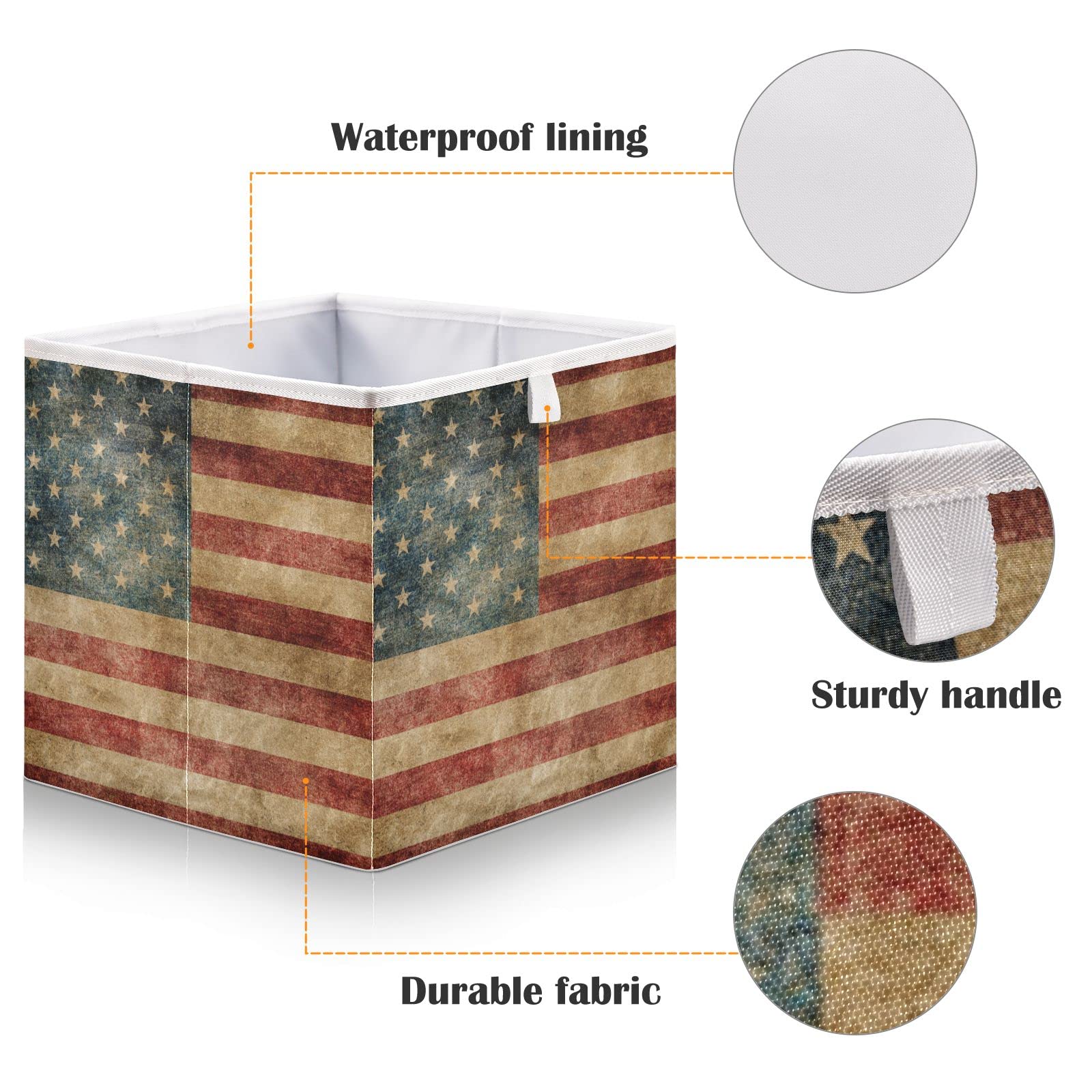 American Flag 11 inch Cube Storage Bins (Pack of 1), Foldable Cubby Organizer Bin for Closet, Clothes and Toys, with Handles Basket Bin