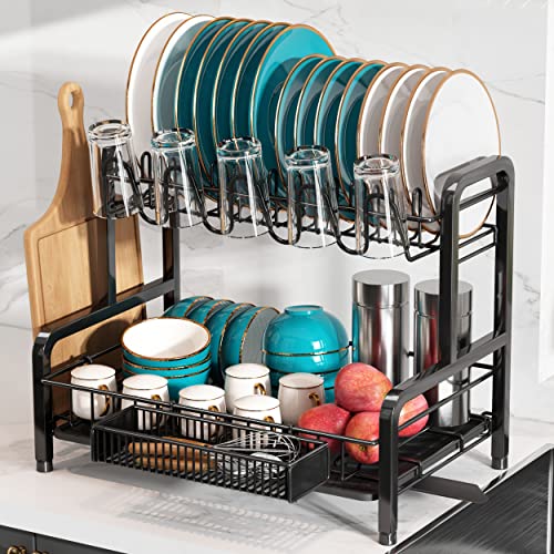 romision Dish Drying Rack and Drainboard Set, 2 Tier Large Stainless Steel Sink Organizer Dish Racks with Cups Holder, Utensil Holder, Dish Strainer Shelf for Kitchen Counter, Black