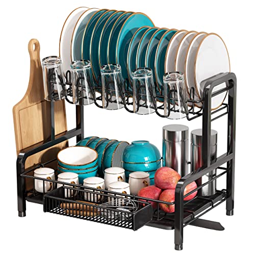 romision Dish Drying Rack and Drainboard Set, 2 Tier Large Stainless Steel Sink Organizer Dish Racks with Cups Holder, Utensil Holder, Dish Strainer Shelf for Kitchen Counter, Black