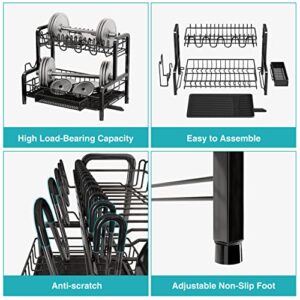 romision Dish Drying Rack and Drainboard Set, 2 Tier Large Stainless Steel Sink Organizer Dish Racks with Cups Holder, Utensil Holder, Dish Strainer Shelf for Kitchen Counter, Black