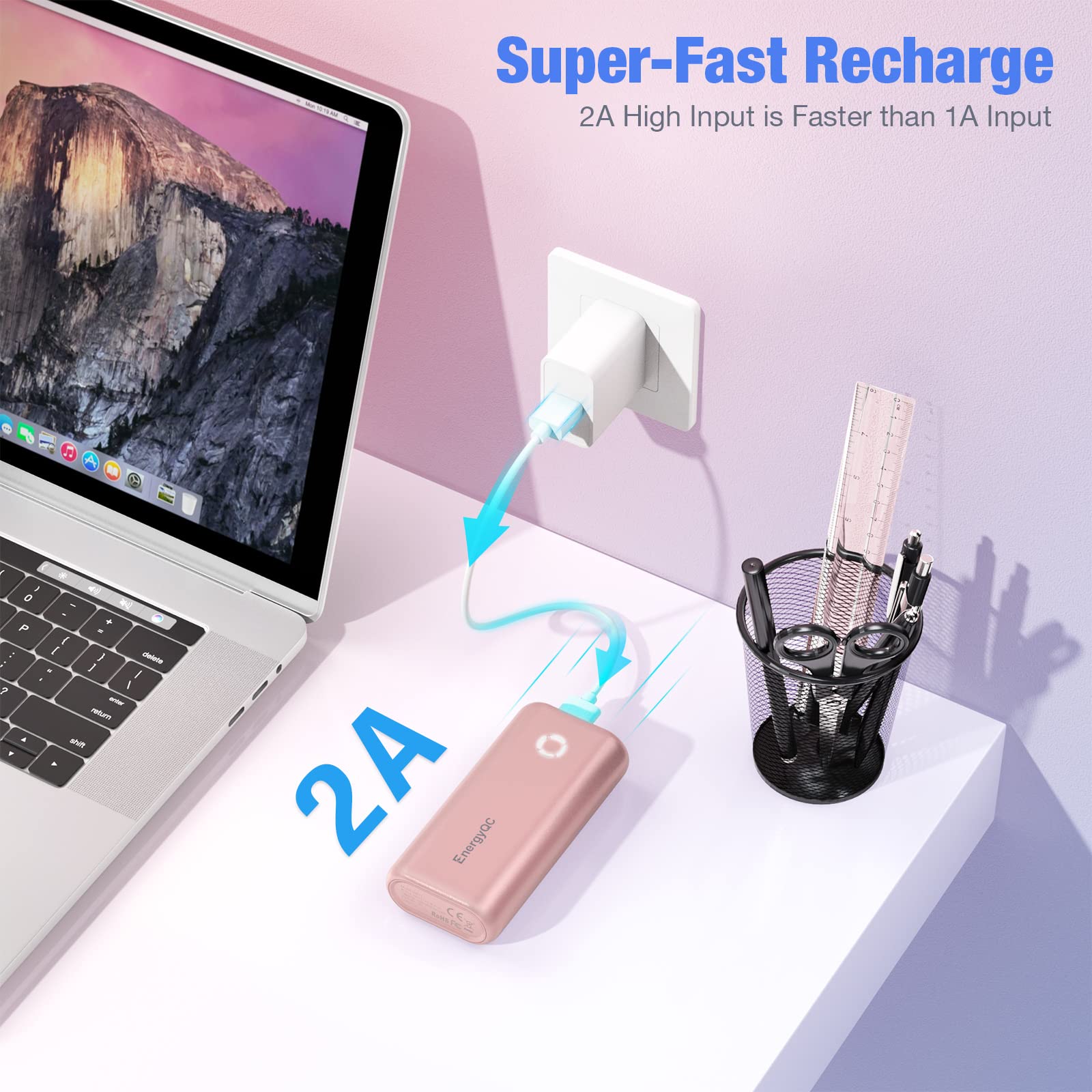 EnergyQC Portable Charger, 10000mAh Portable Phone Power Bank External Battery Pack Compatible with iPhone 13/12/11/X Samsung S10 Google LG iPad and More-Rose Gold