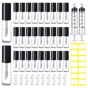 amorix 50pcs mini lip gloss tubes with wand 1.2ml empty containers clear refillable travel lip balm bottles for samples with 5ml syringes diy lip gloss base + tag labels stickers (black)