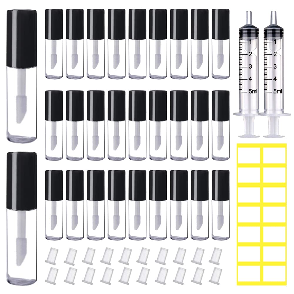 AMORIX 50PCS Mini Lip Gloss Tubes with Wand 1.2ml Empty Containers Clear Refillable Travel Lip Balm Bottles for Samples with 5ml Syringes DIY Lip Gloss Base + Tag Labels Stickers (Black)