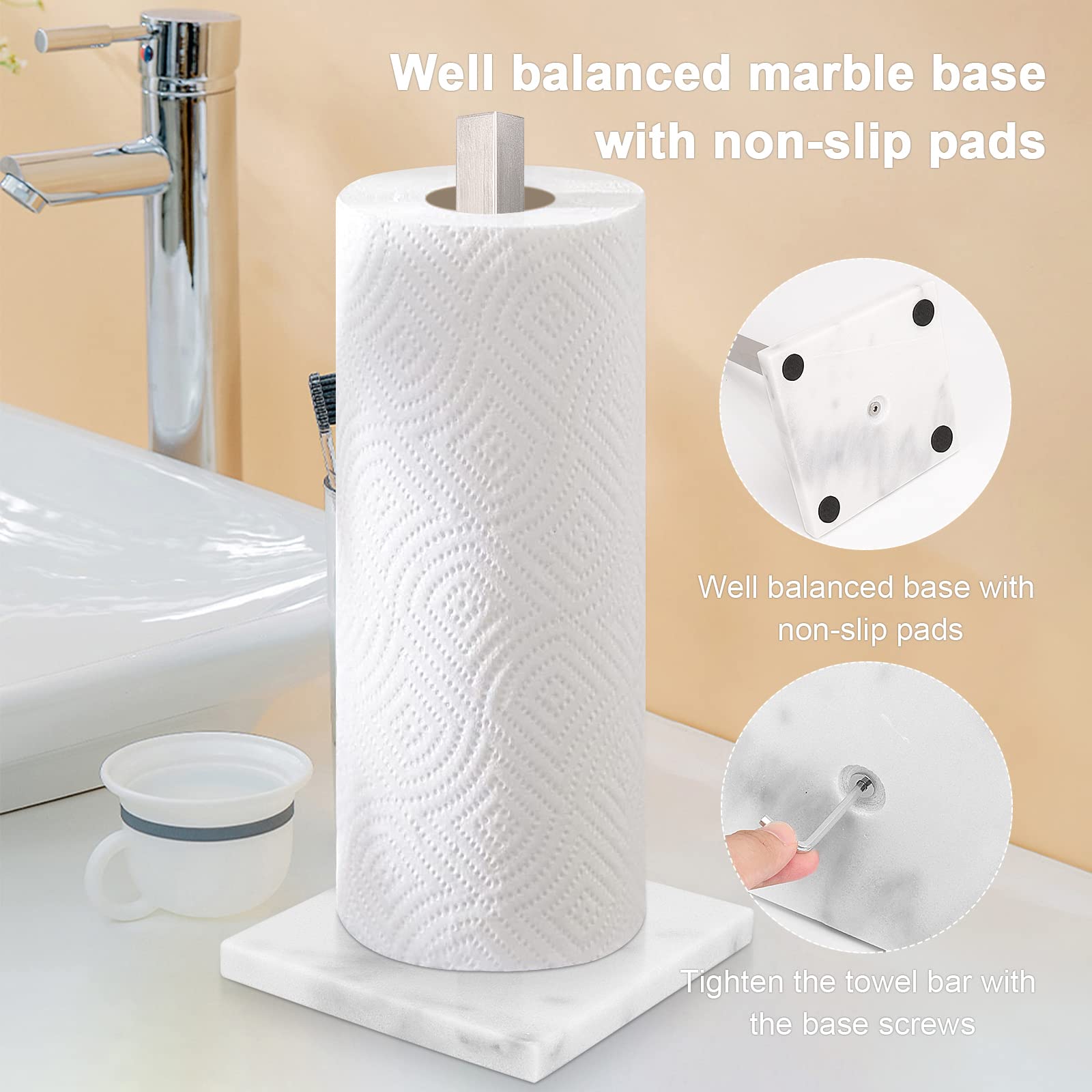 NearMoon Standing Paper Towel Holder, Stainless Steel Square Paper Towel Roll Holder with Marble Base for Bathroom Kitchen Countertop, Standard or Jumbo-Sized Roll Holder (Brushed Nickel)